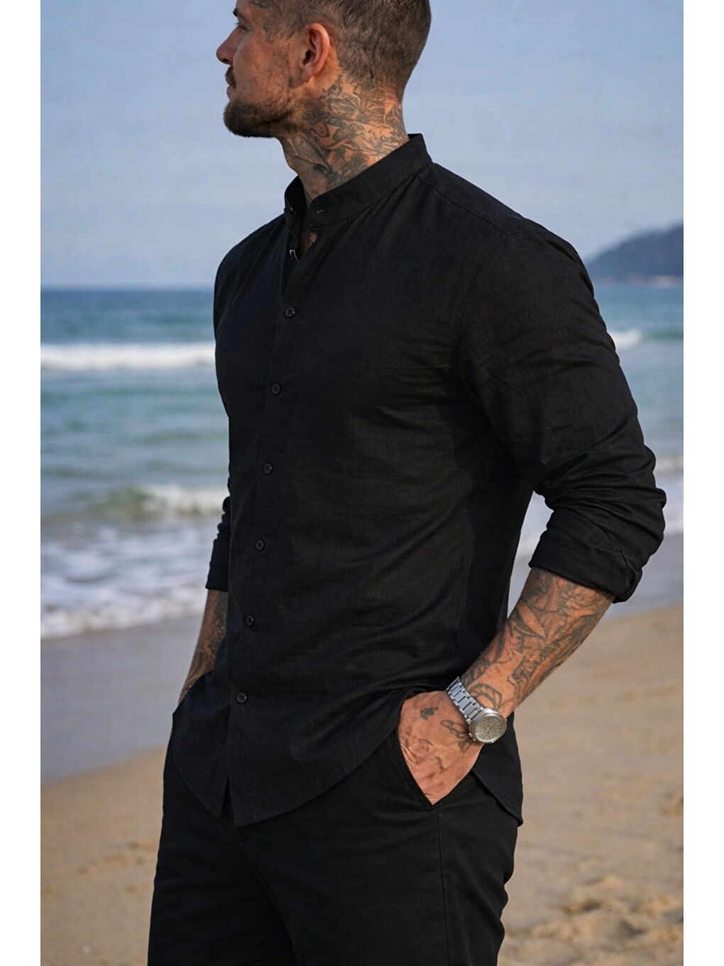Siyah Erkek Regular Hakim Yaka Keten Görünümlü Gömlek-2