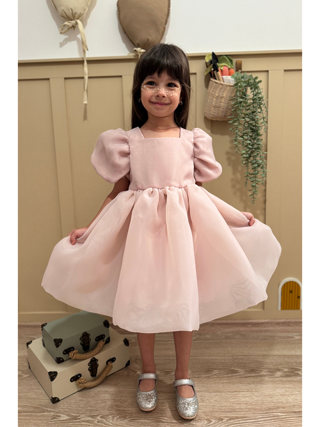 Pembe Karolin Balon Etek Balon Kollu Kurdeleli Kız Çocuk Kız Bebek Elbise-1