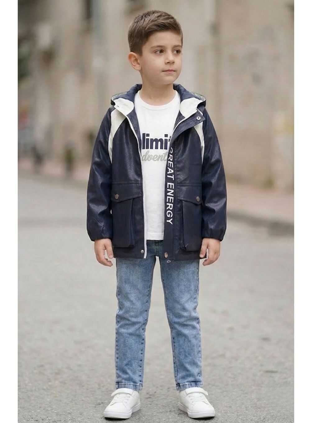 Lacivert Erkek Çocuk Kapüşonlu Nova Mevsimlik Mont Penye Pantolon Üçlü Takım TKM7587-2