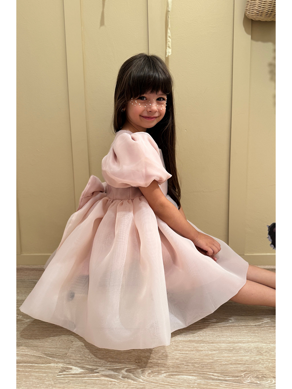 Pembe Karolin Balon Etek Balon Kollu Kurdeleli Kız Çocuk Kız Bebek Elbise-2