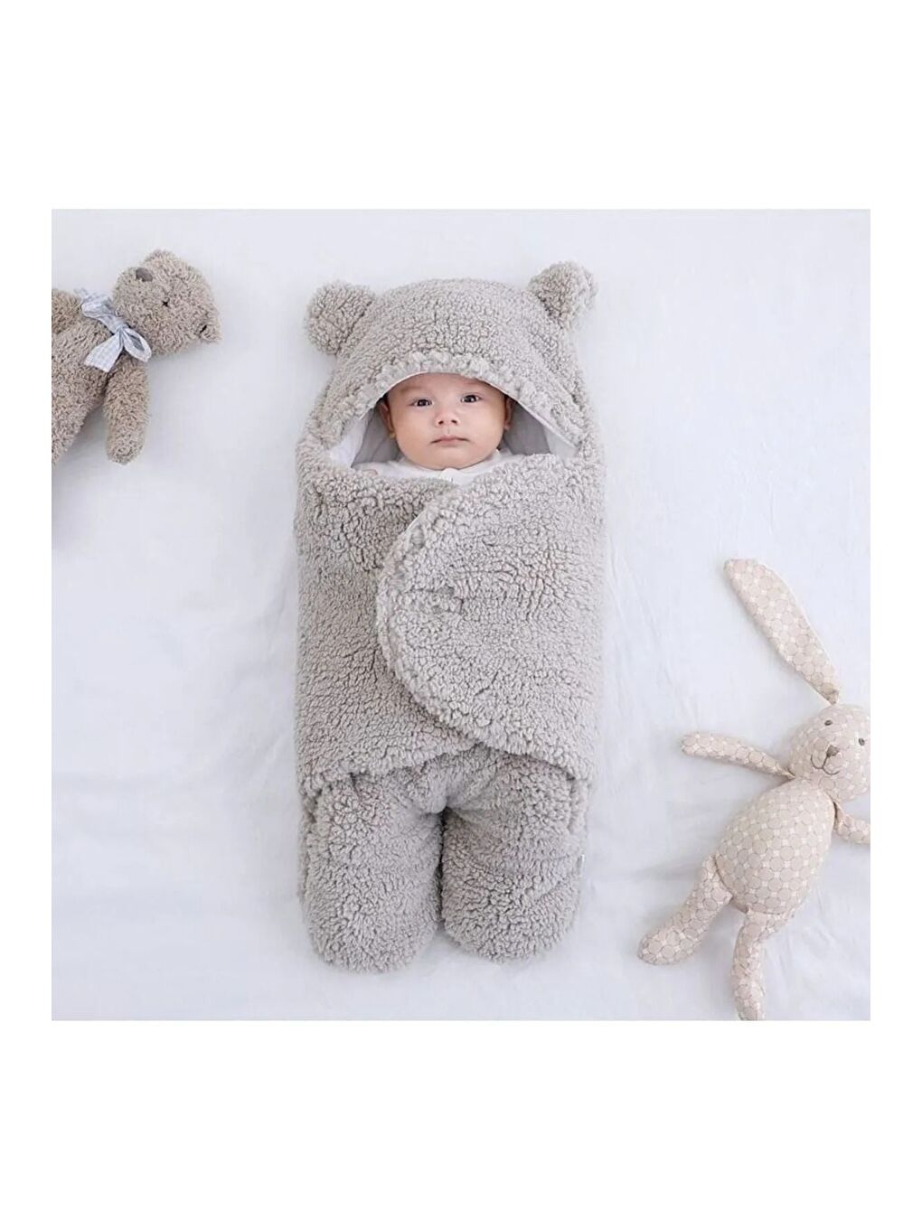 Gri 0 - 12 Ay Kulaklı Welsoft Dış Kundak Bebek Battaniye