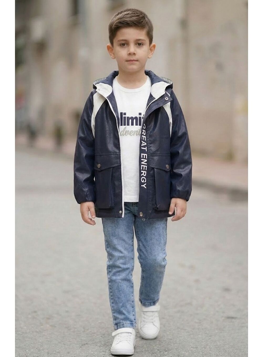 Lacivert Erkek Çocuk Kapüşonlu Nova Mevsimlik Mont Penye Pantolon Üçlü Takım TKM7587-4