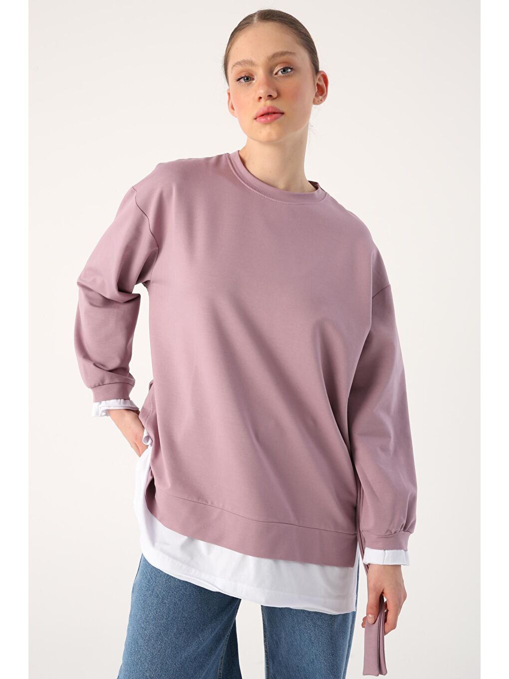 Lila Kuşaklı Etek Ucu Garnili Örme Sweat Tunik