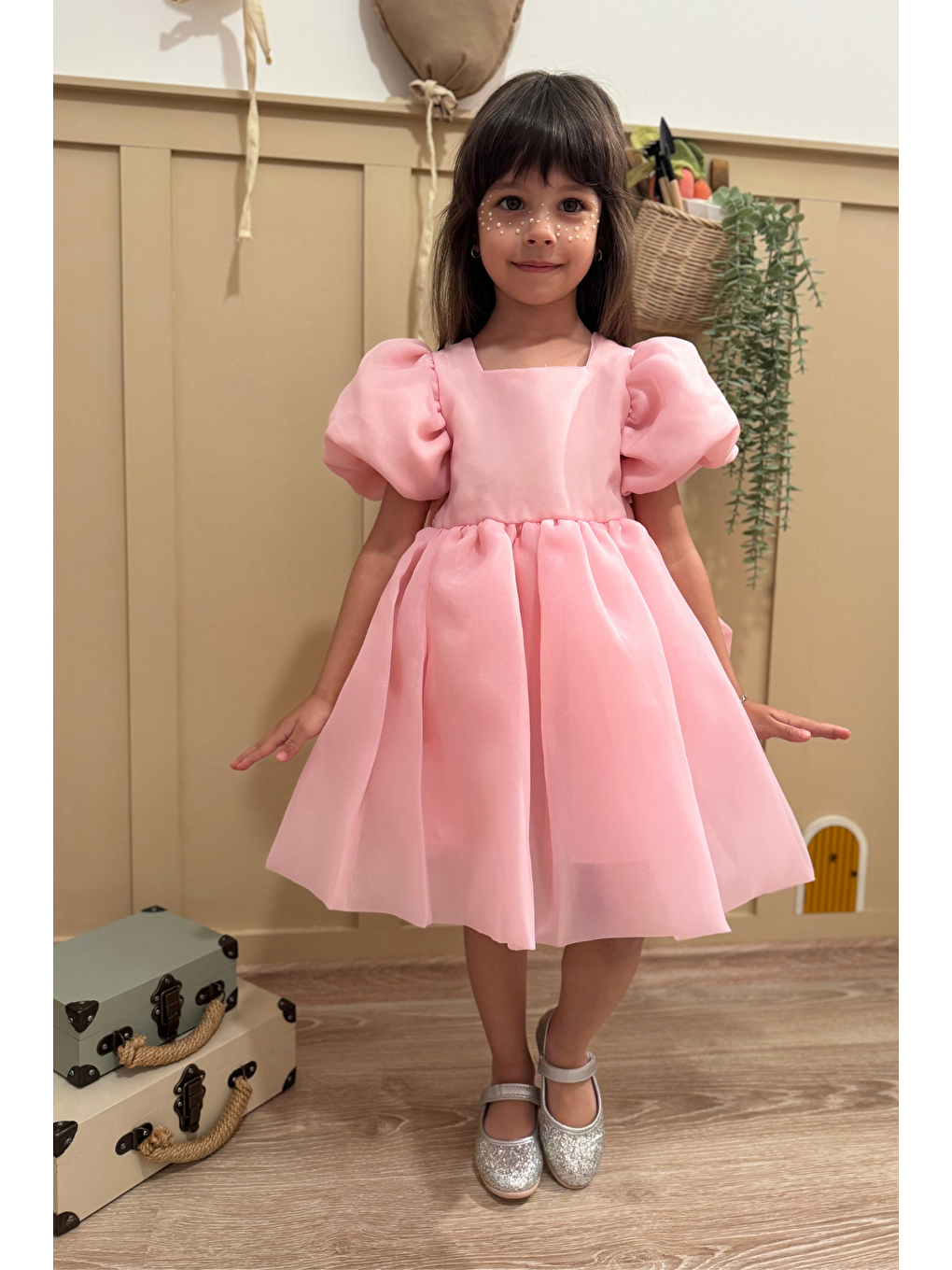 Pembe Karolin Balon Etek Balon Kollu Kurdeleli Kız Çocuk Kız Bebek Elbise