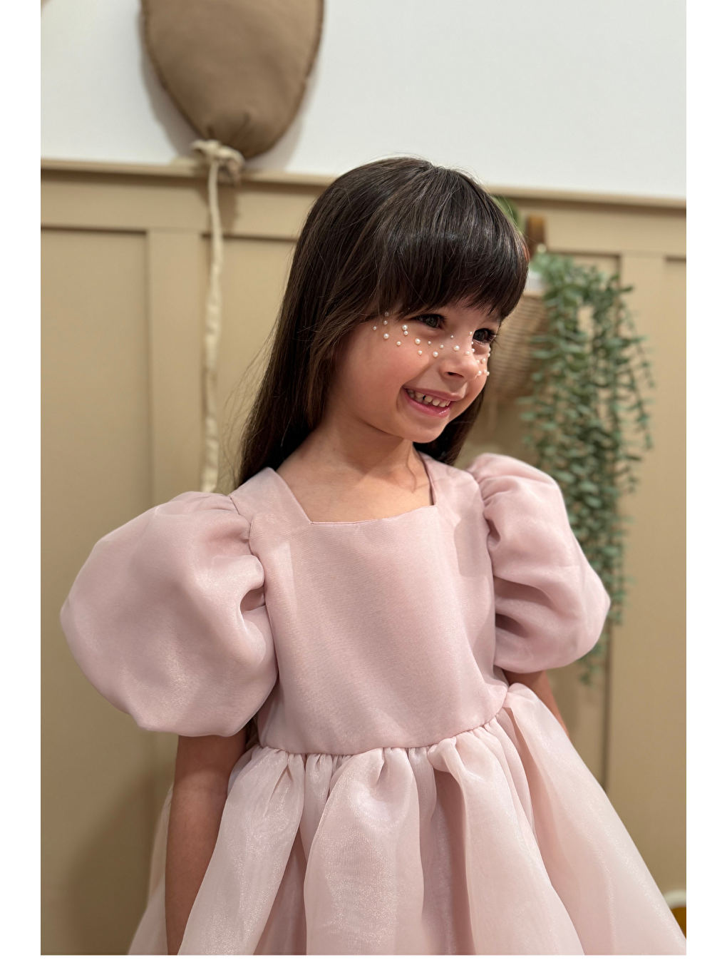 Pembe Karolin Balon Etek Balon Kollu Kurdeleli Kız Çocuk Kız Bebek Elbise-3