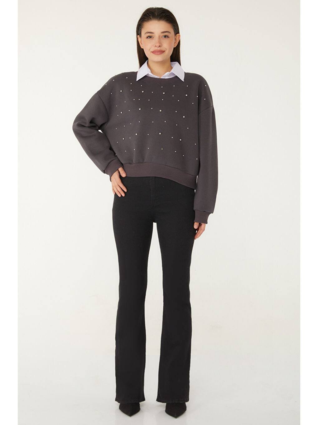 Gri Boncuklu Sweatshirt Füme - 26541
