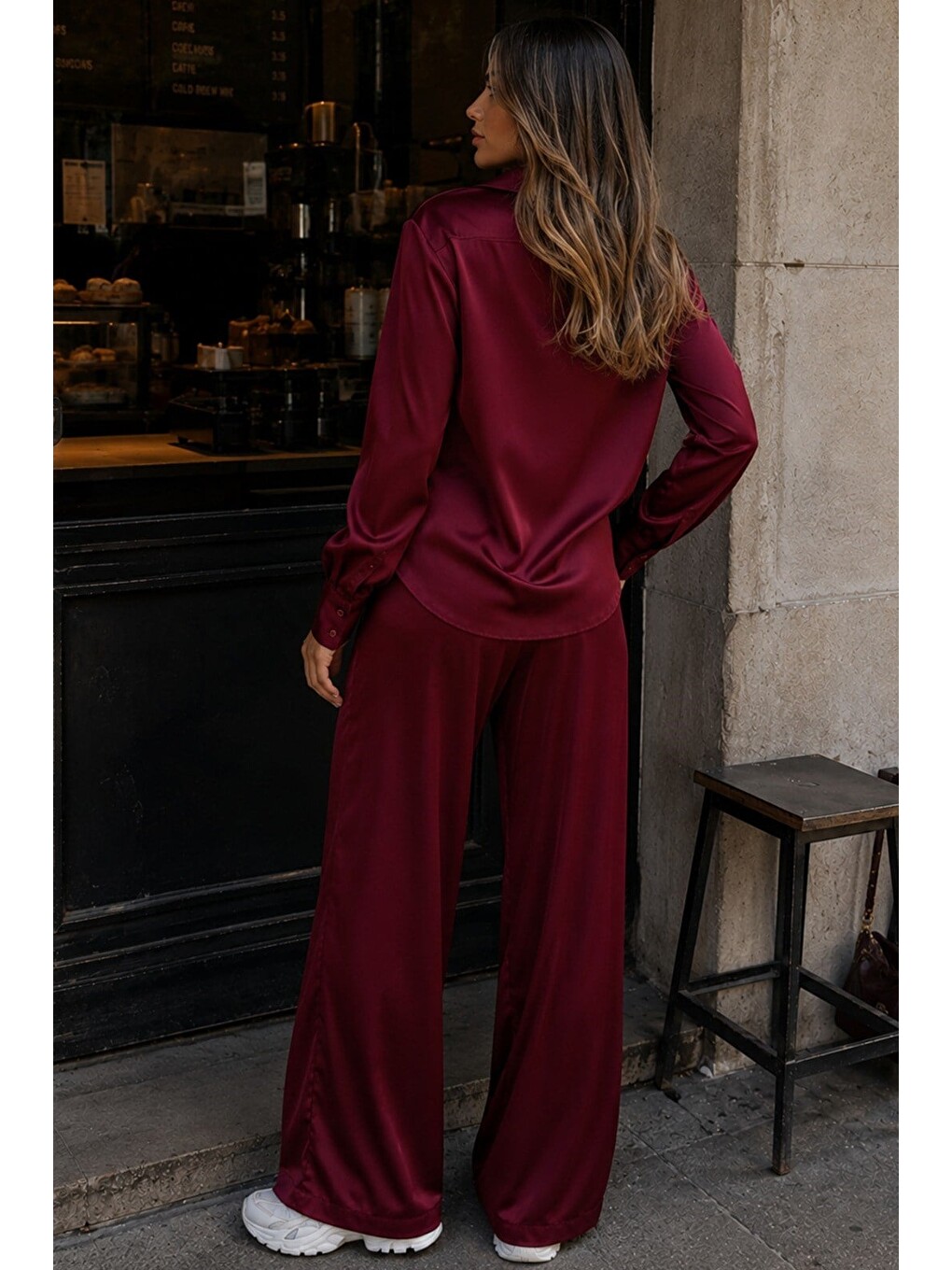 Bordo Saten Gömlek Pantolon Takım Mg2745-1