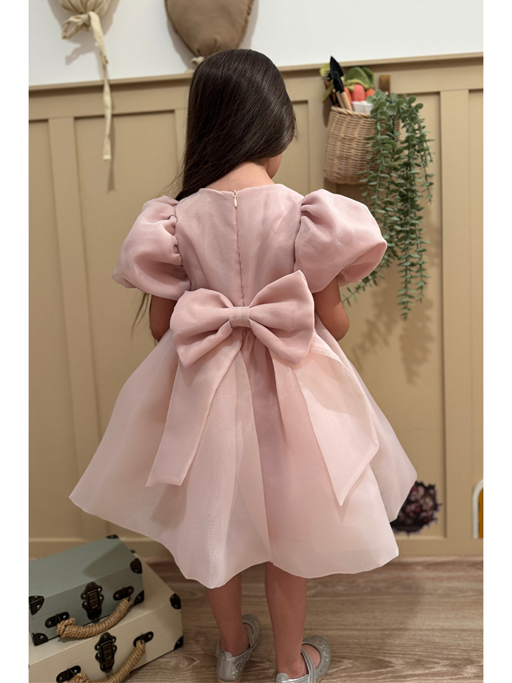 Pembe Karolin Balon Etek Balon Kollu Kurdeleli Kız Çocuk Kız Bebek Elbise-4