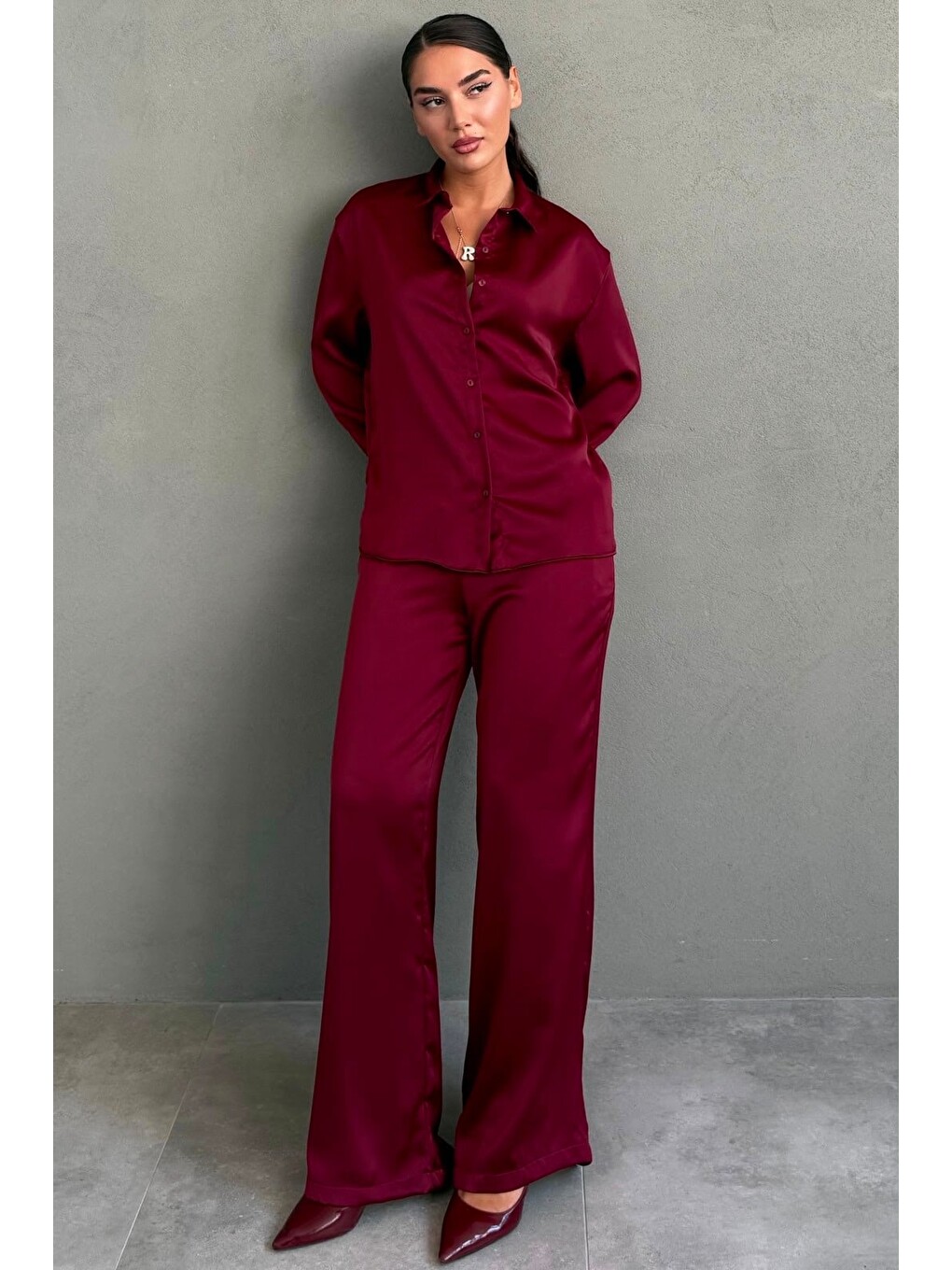 Bordo Saten Gömlek Pantolon Takım Mg2745-2