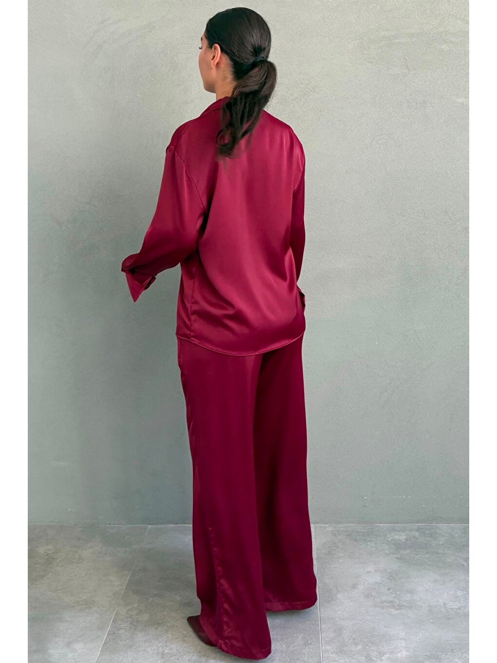 Bordo Saten Gömlek Pantolon Takım Mg2745-3