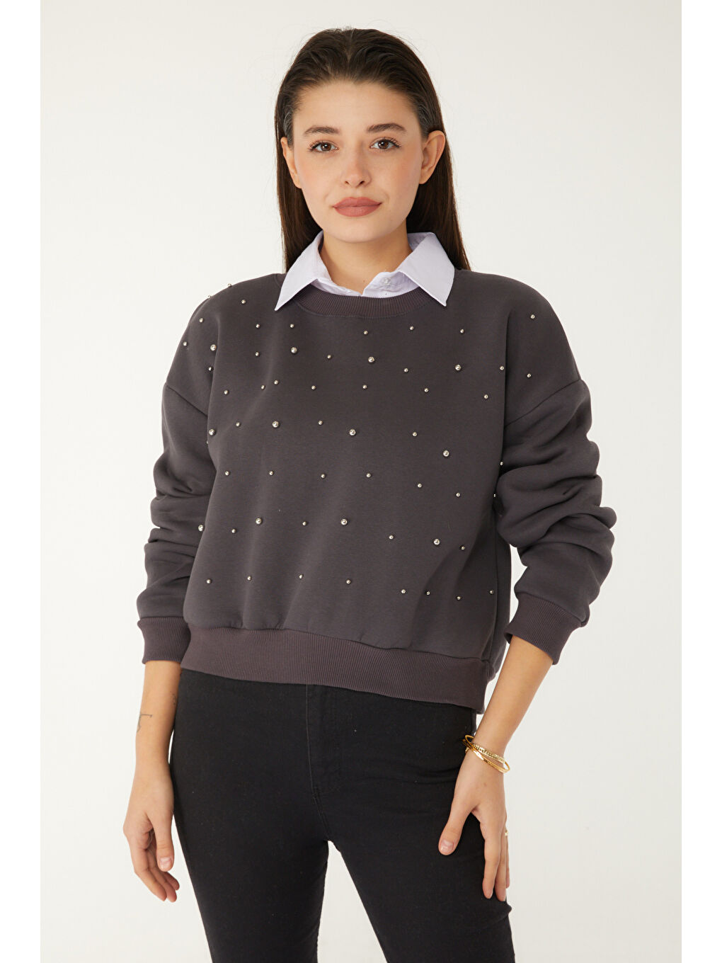 Gri Boncuklu Sweatshirt Füme - 26541-1