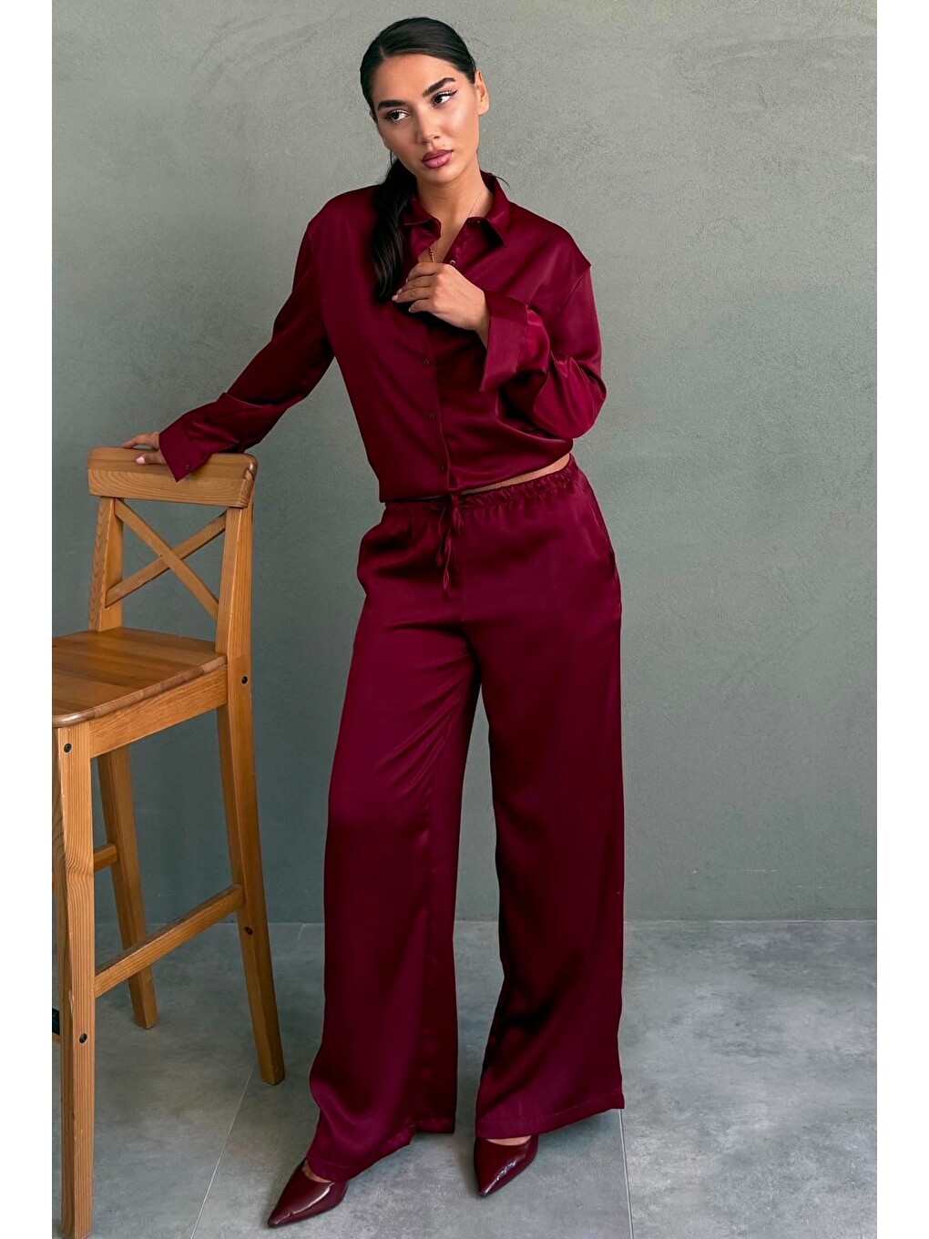 Bordo Saten Gömlek Pantolon Takım Mg2745-4
