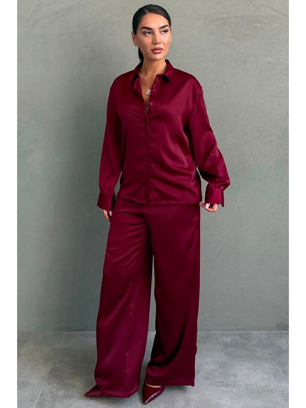 Bordo Saten Gömlek Pantolon Takım Mg2745-5