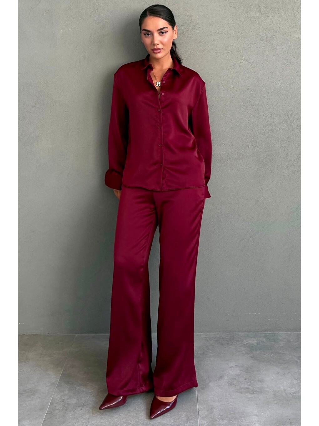 Bordo Saten Gömlek Pantolon Takım Mg2745-6