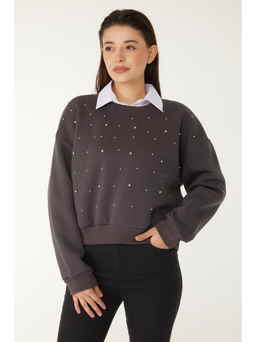 Gri Boncuklu Sweatshirt Füme - 26541-2