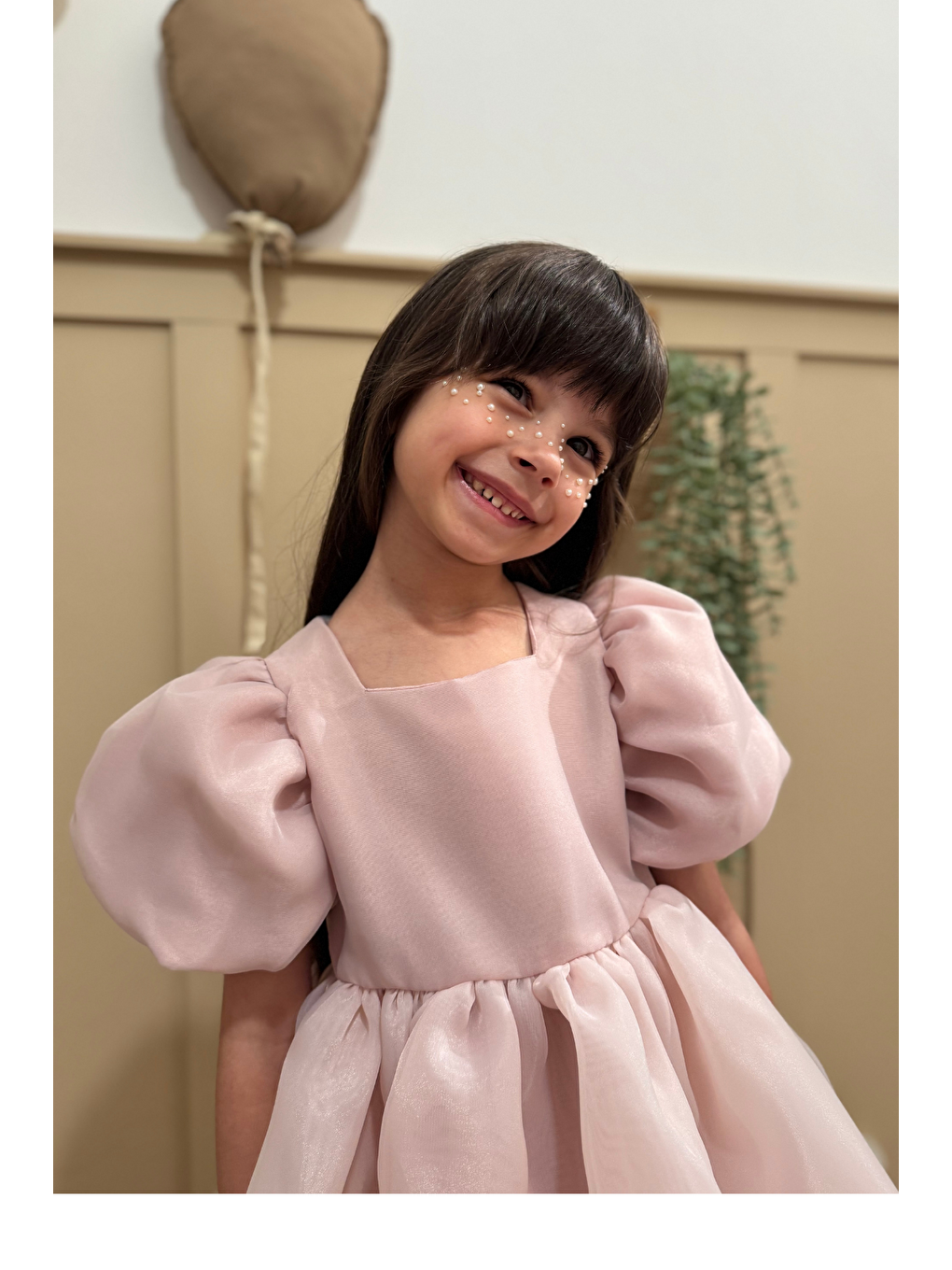 Pembe Karolin Balon Etek Balon Kollu Kurdeleli Kız Çocuk Kız Bebek Elbise-5