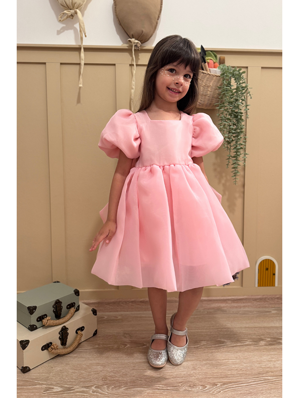 Pembe Karolin Balon Etek Balon Kollu Kurdeleli Kız Çocuk Kız Bebek Elbise-2