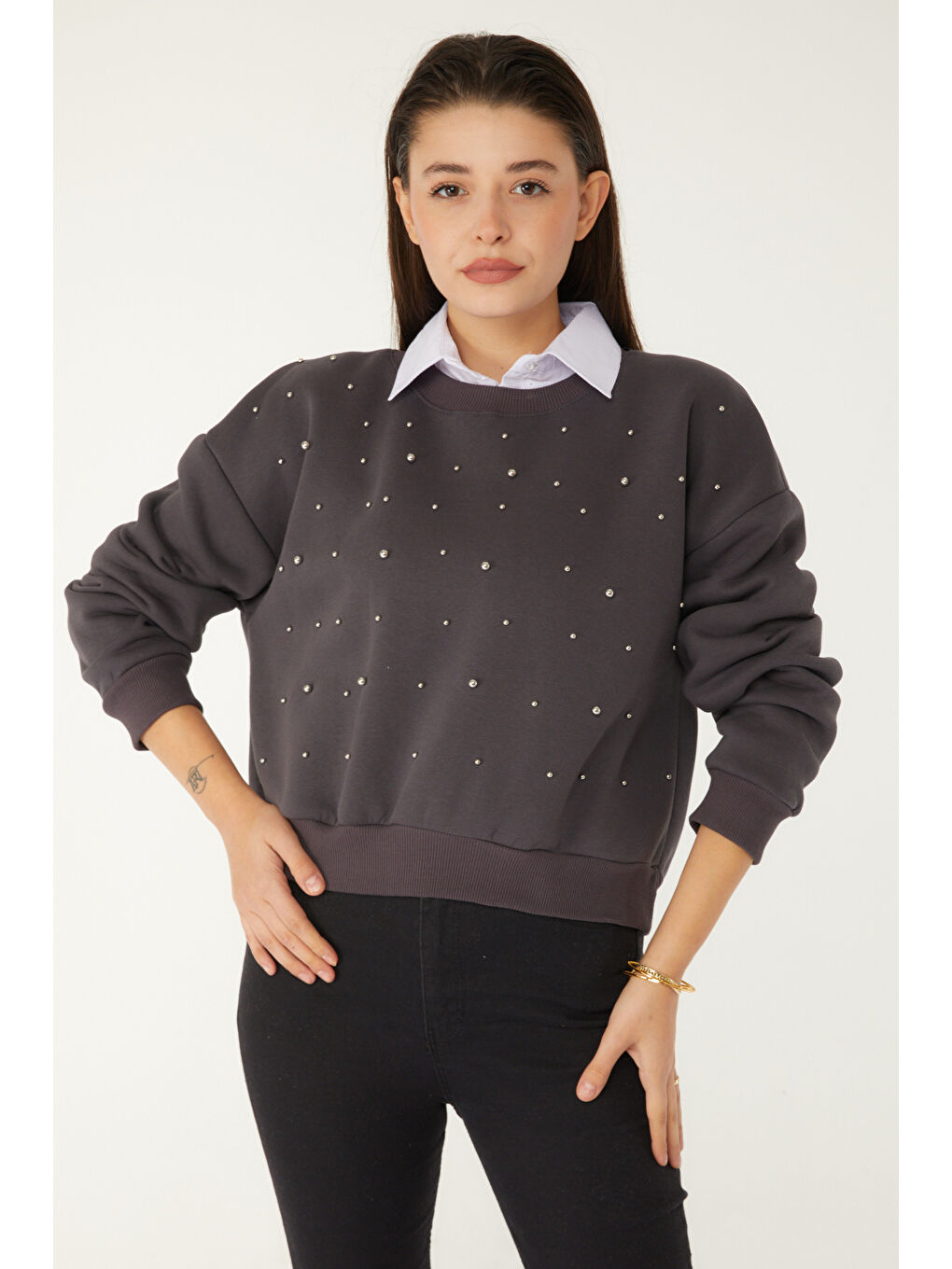 Gri Boncuklu Sweatshirt Füme - 26541-3