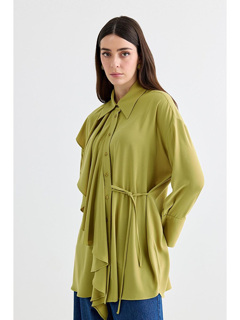 Yeşil Morina Volanlı Bağlamalı Gömlek Olive