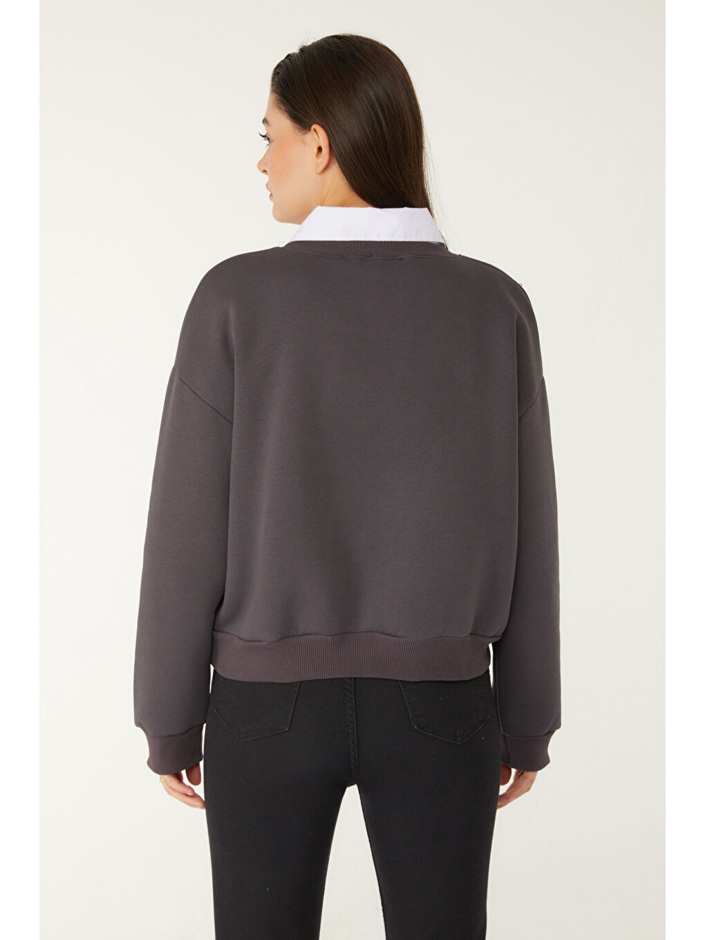Gri Boncuklu Sweatshirt Füme - 26541-4