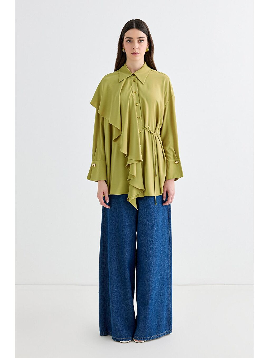Yeşil Morina Volanlı Bağlamalı Gömlek Olive-1