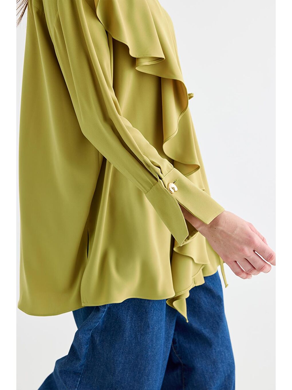 Yeşil Morina Volanlı Bağlamalı Gömlek Olive-4