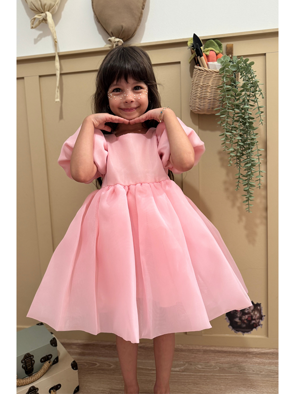 Pembe Karolin Balon Etek Balon Kollu Kurdeleli Kız Çocuk Kız Bebek Elbise-3