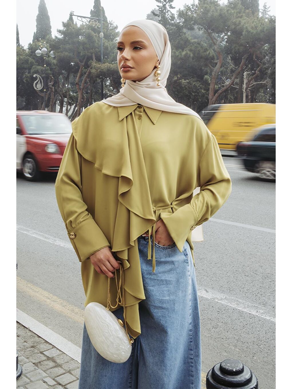 Yeşil Morina Volanlı Bağlamalı Gömlek Olive-5