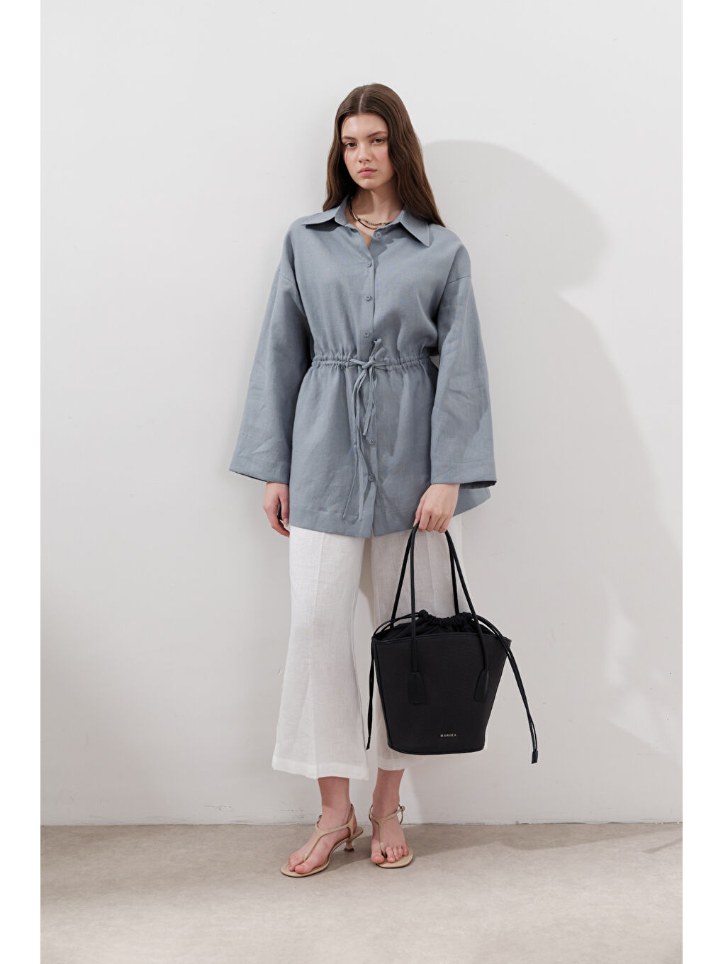 Keten Beli Bağlamalı Tunik Mavi