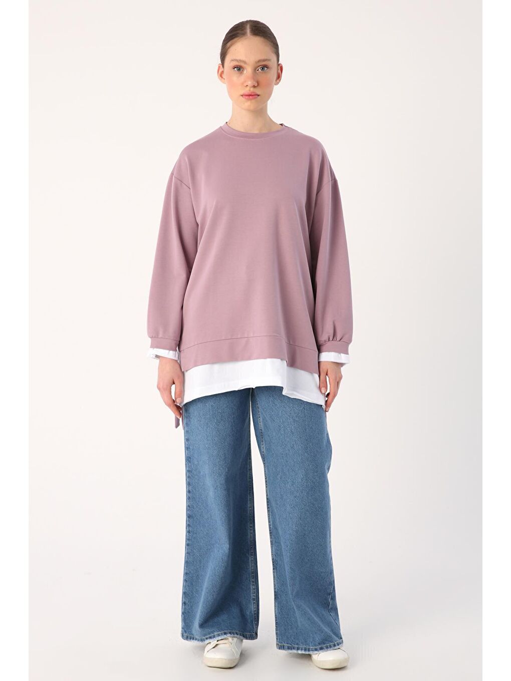 Lila Kuşaklı Etek Ucu Garnili Örme Sweat Tunik-1