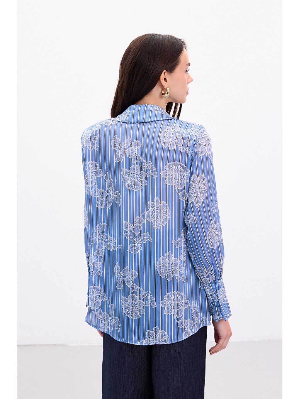 Geniş Manşetli Gömlek - Mavi-7