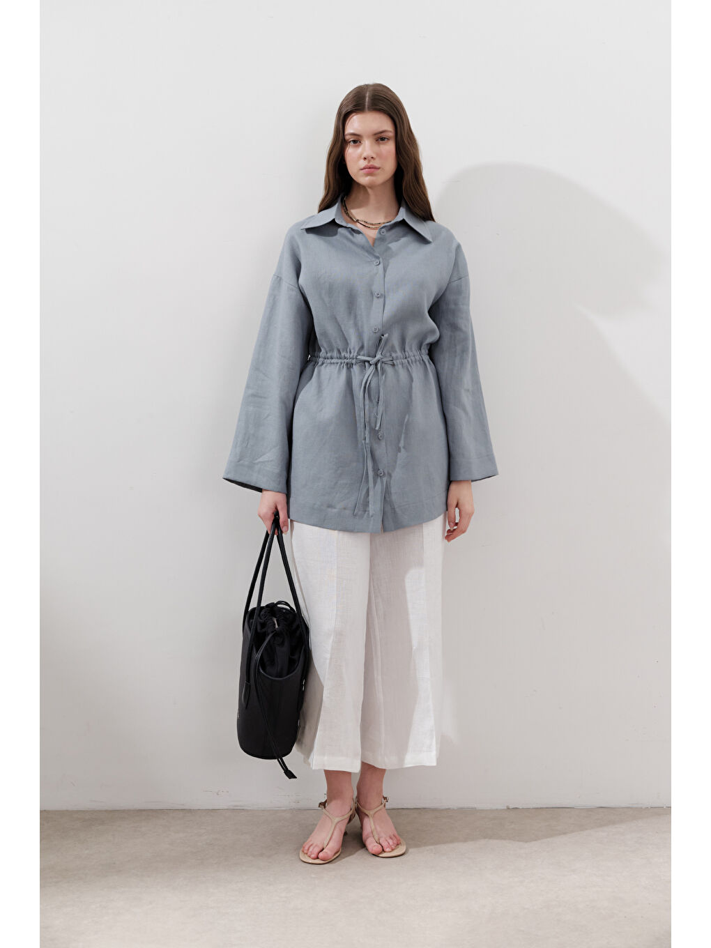 Keten Beli Bağlamalı Tunik Mavi-1