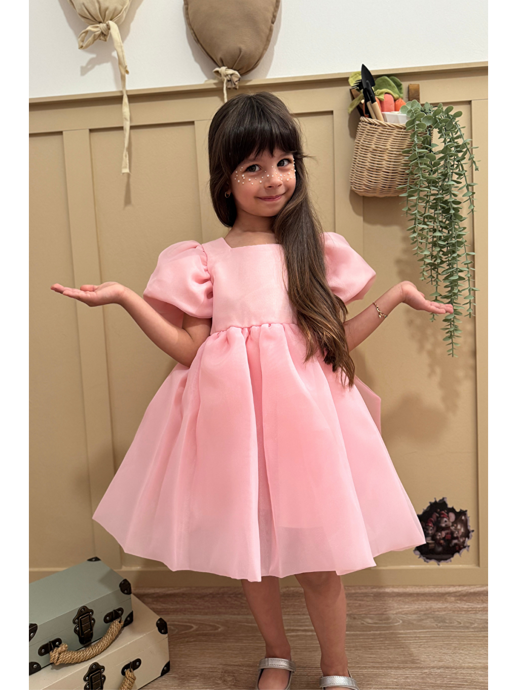 Pembe Karolin Balon Etek Balon Kollu Kurdeleli Kız Çocuk Kız Bebek Elbise-4