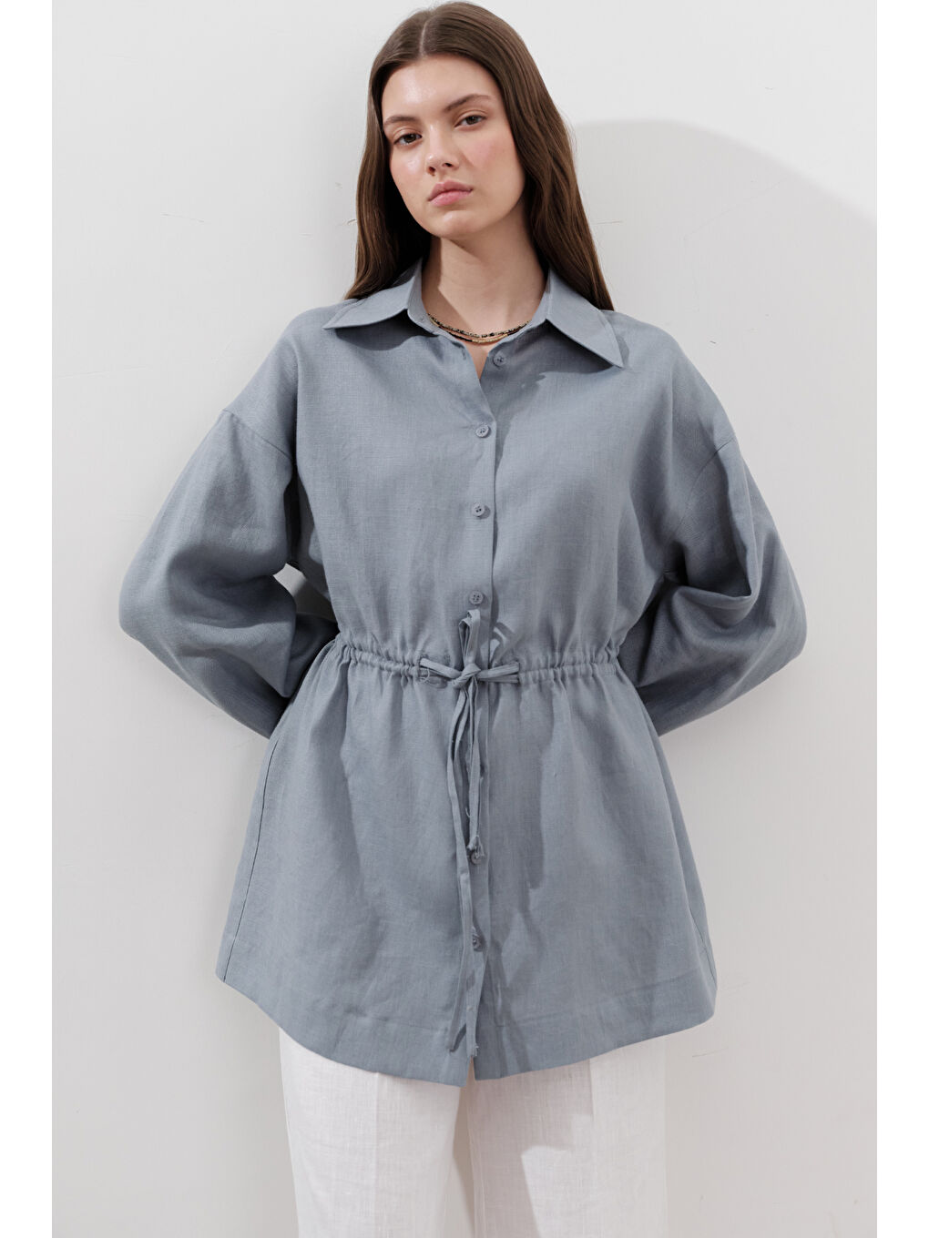 Keten Beli Bağlamalı Tunik Mavi-3