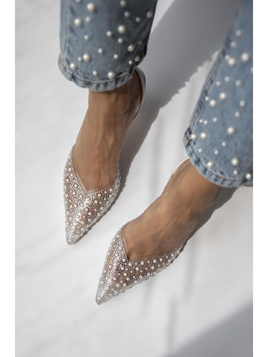 Jessica Kadın Taş Detay Şeffaf Topuklu  Ayakkabı Beyaz-1