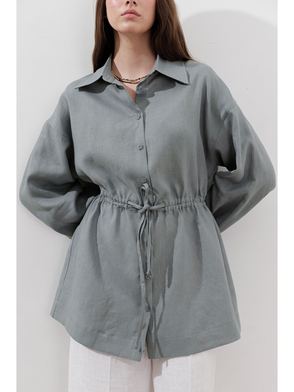 Keten Beli Bağlamalı Tunik Mavi-4