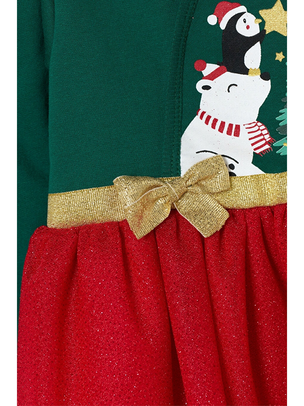 Yeşil Çam Ağacı Baskılı Tül Etekli Kız Bebek Elbise - Betty-1