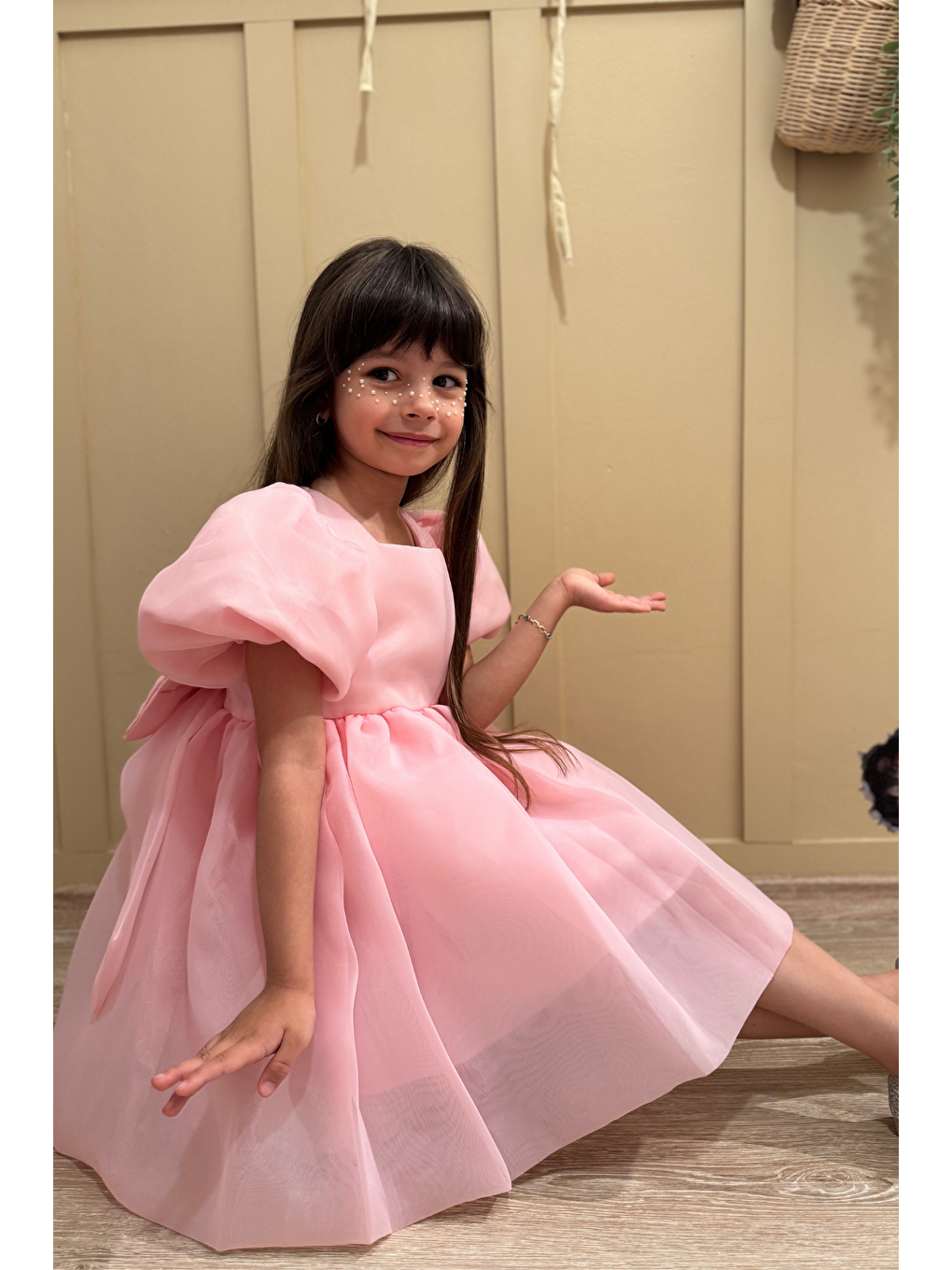 Pembe Karolin Balon Etek Balon Kollu Kurdeleli Kız Çocuk Kız Bebek Elbise-5