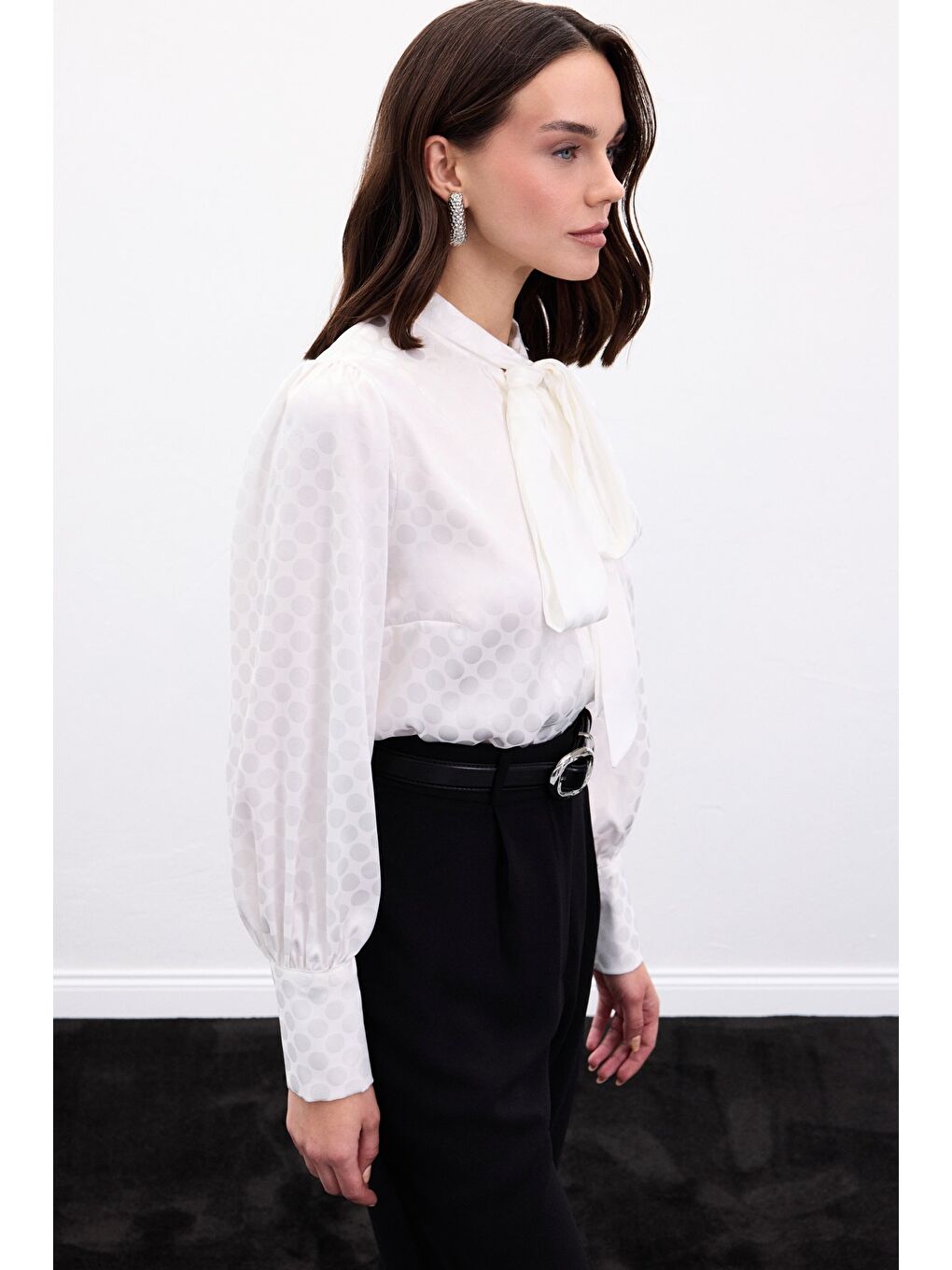 Puantiye Desenli Gömlek - Ekru-1