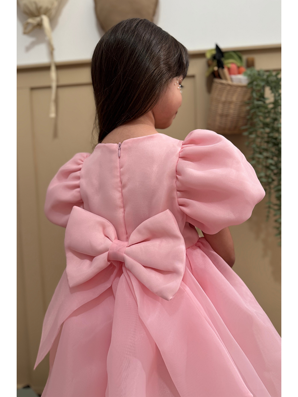 Pembe Karolin Balon Etek Balon Kollu Kurdeleli Kız Çocuk Kız Bebek Elbise-6