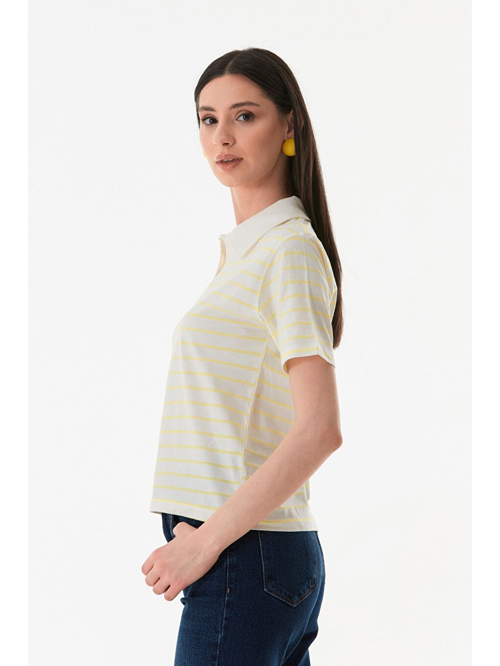 Sarı Çizgili Polo Yaka Tişört-4