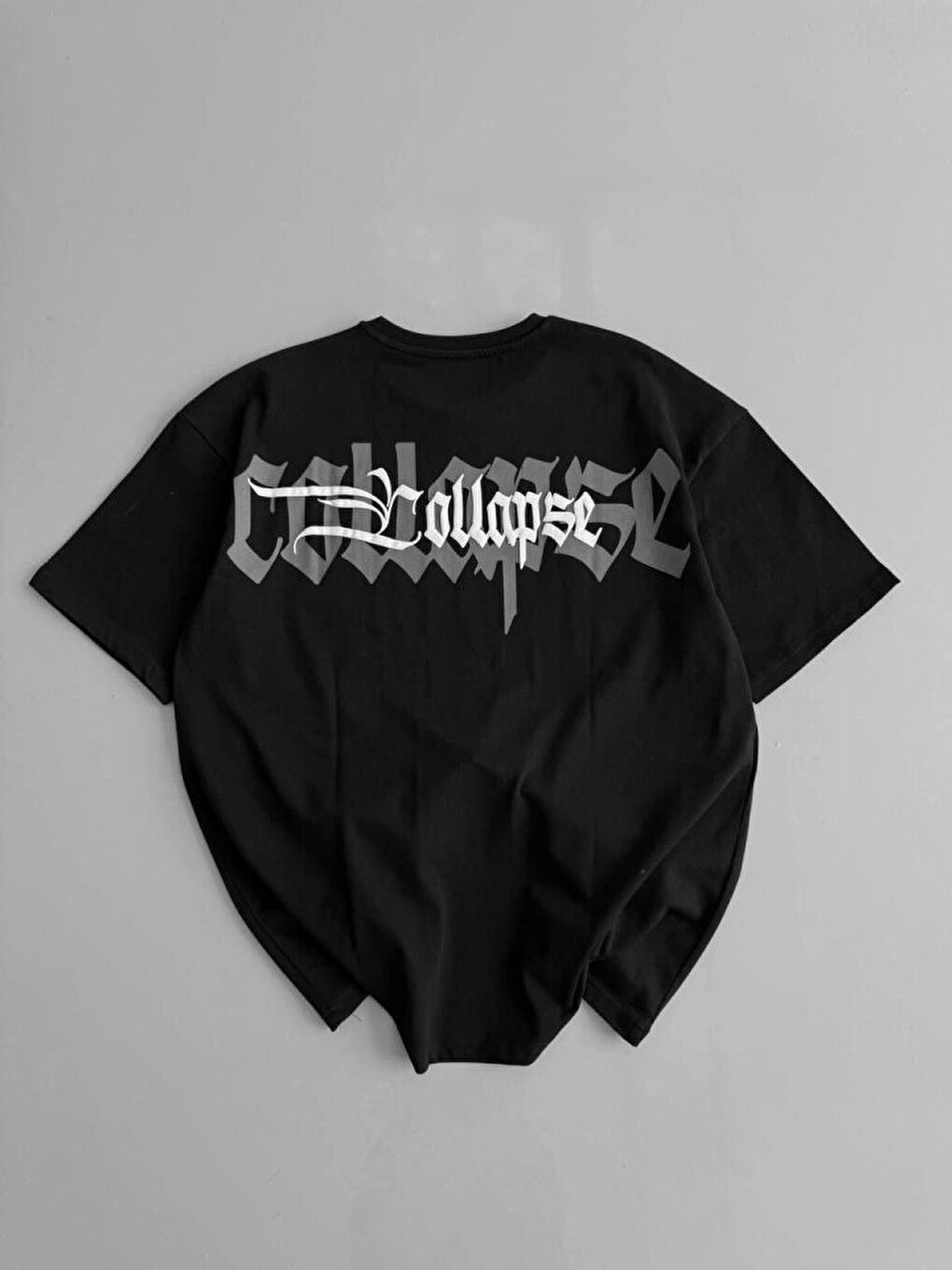 Baskılı Oversize Bisiklet Yaka T-shirt - Siyah-1