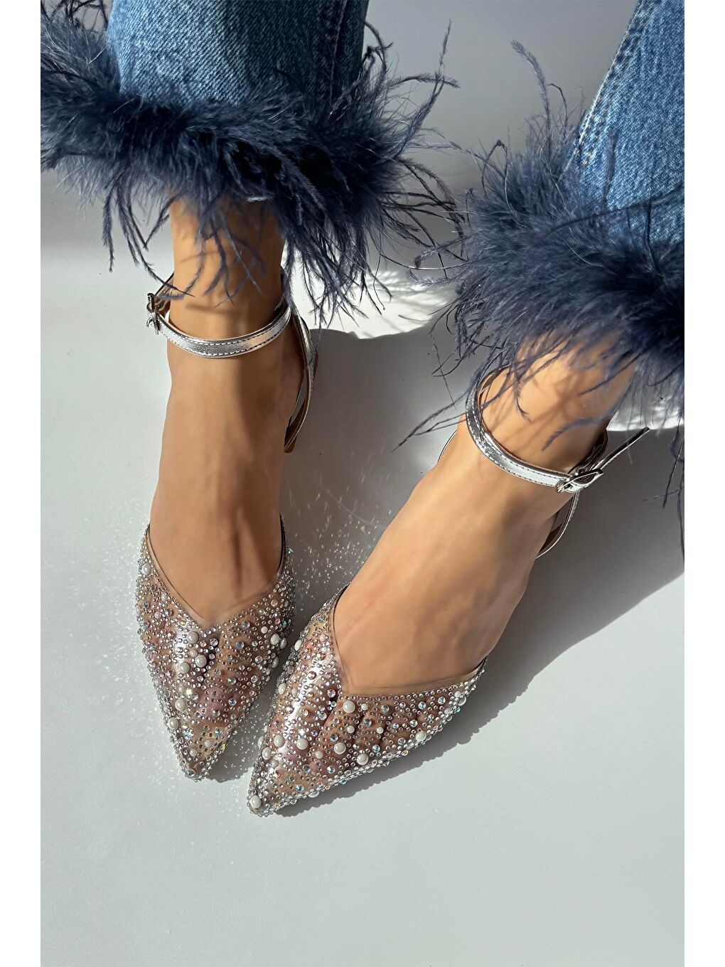 Gri Marisa Kadın Taş Detay Şeffaf Topuklu  Ayakkabı Gümüş-1