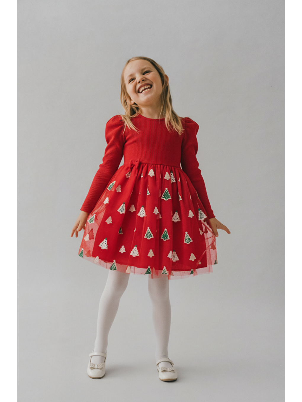 Kız Çocuk Pamuklu Kırmızı Ağacı Desenli Tüllü Elbise - Balon Kollu Yılbaşı Elbisesi