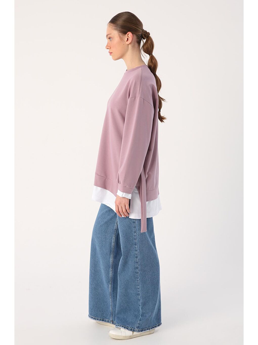 Lila Kuşaklı Etek Ucu Garnili Örme Sweat Tunik-2