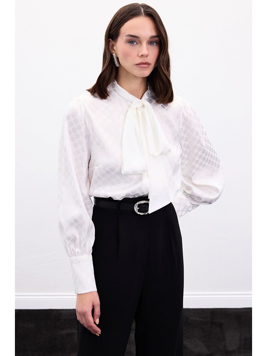 Puantiye Desenli Gömlek - Ekru-3