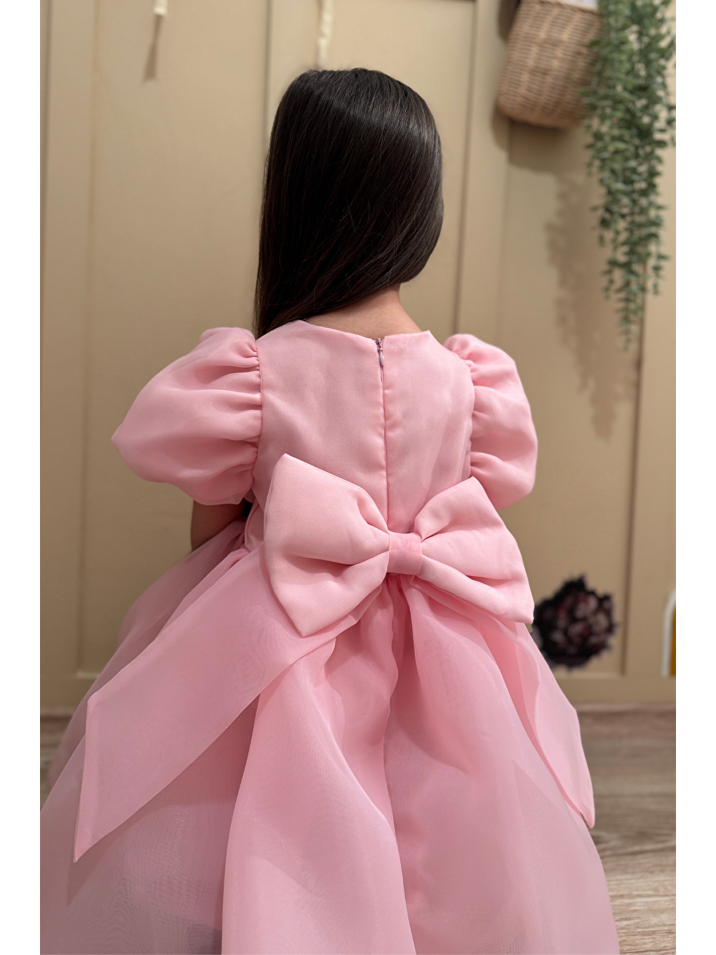 Pembe Karolin Balon Etek Balon Kollu Kurdeleli Kız Çocuk Kız Bebek Elbise-7