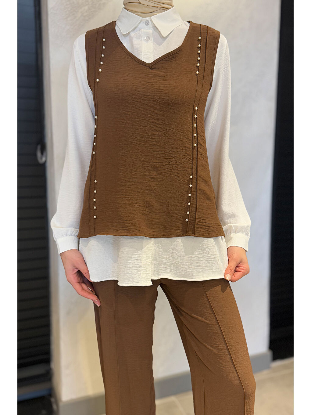 Kahverengi İncili Gömlek Süveter Pantolon Tesettür Üçlü Takım-5