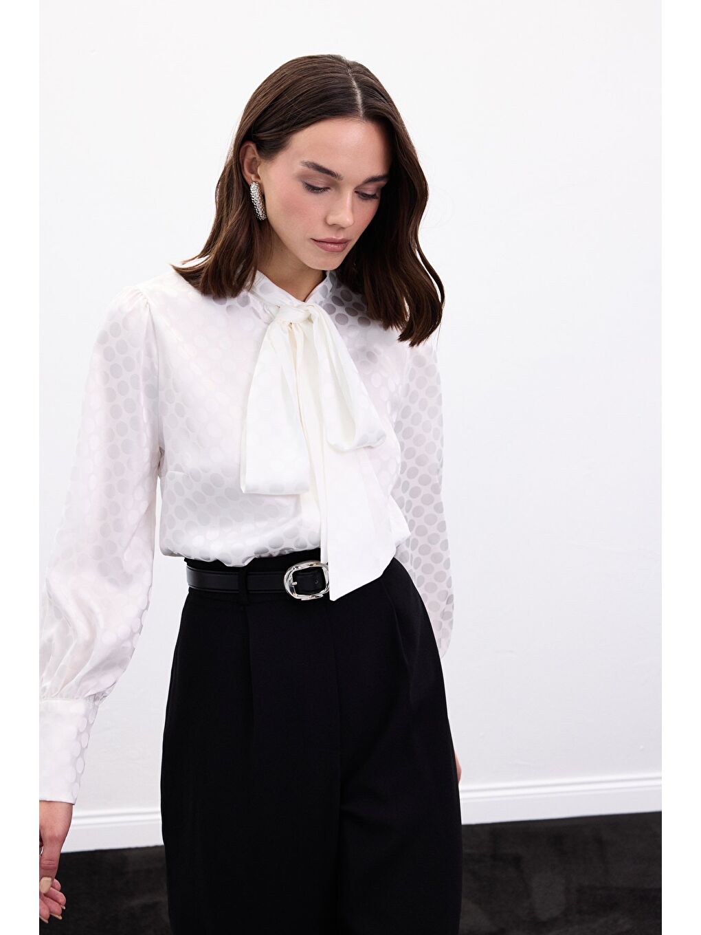 Puantiye Desenli Gömlek - Ekru-4