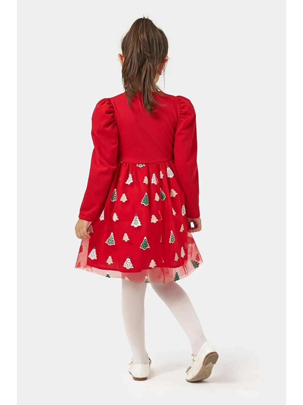 Kız Çocuk Pamuklu Kırmızı Ağacı Desenli Tüllü Elbise - Balon Kollu Yılbaşı Elbisesi-3